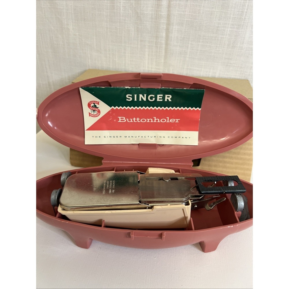 Vintage Singer Buttonholer Attachment w/ Pink Case Manual Cams Mid Century